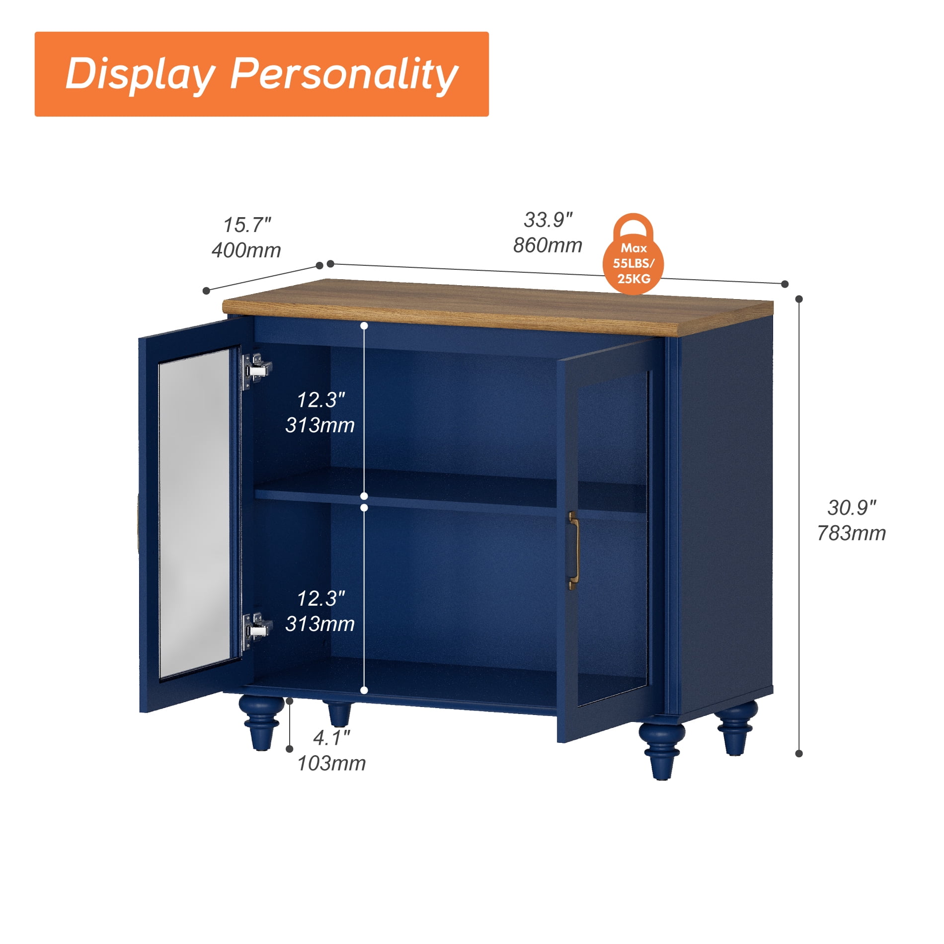 End Table with Glass Doors, Nightstand with Ample Storage, Side Table with for Bedroom, Navy Blue