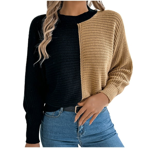 YUGYXL Womens Fall Batwing Sleeve Knitted Sweater Color Block Loose Pullover Dolman Sweater Tops Khaki S