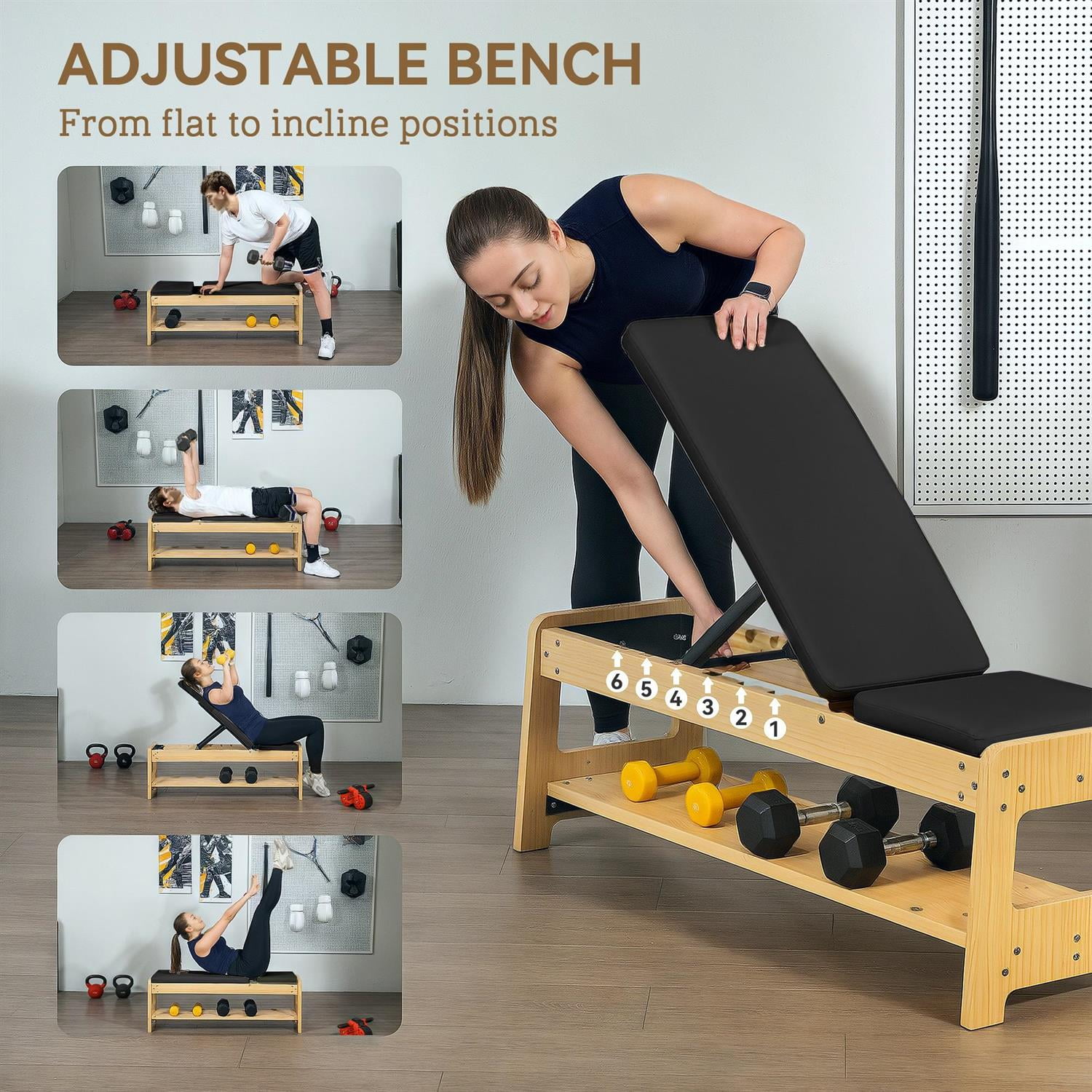 Demi Bonn Home Gym Weight Lifting Bench: Wooden Adjustable Flat/Incline Bench with Dumbbell Rack ,Black