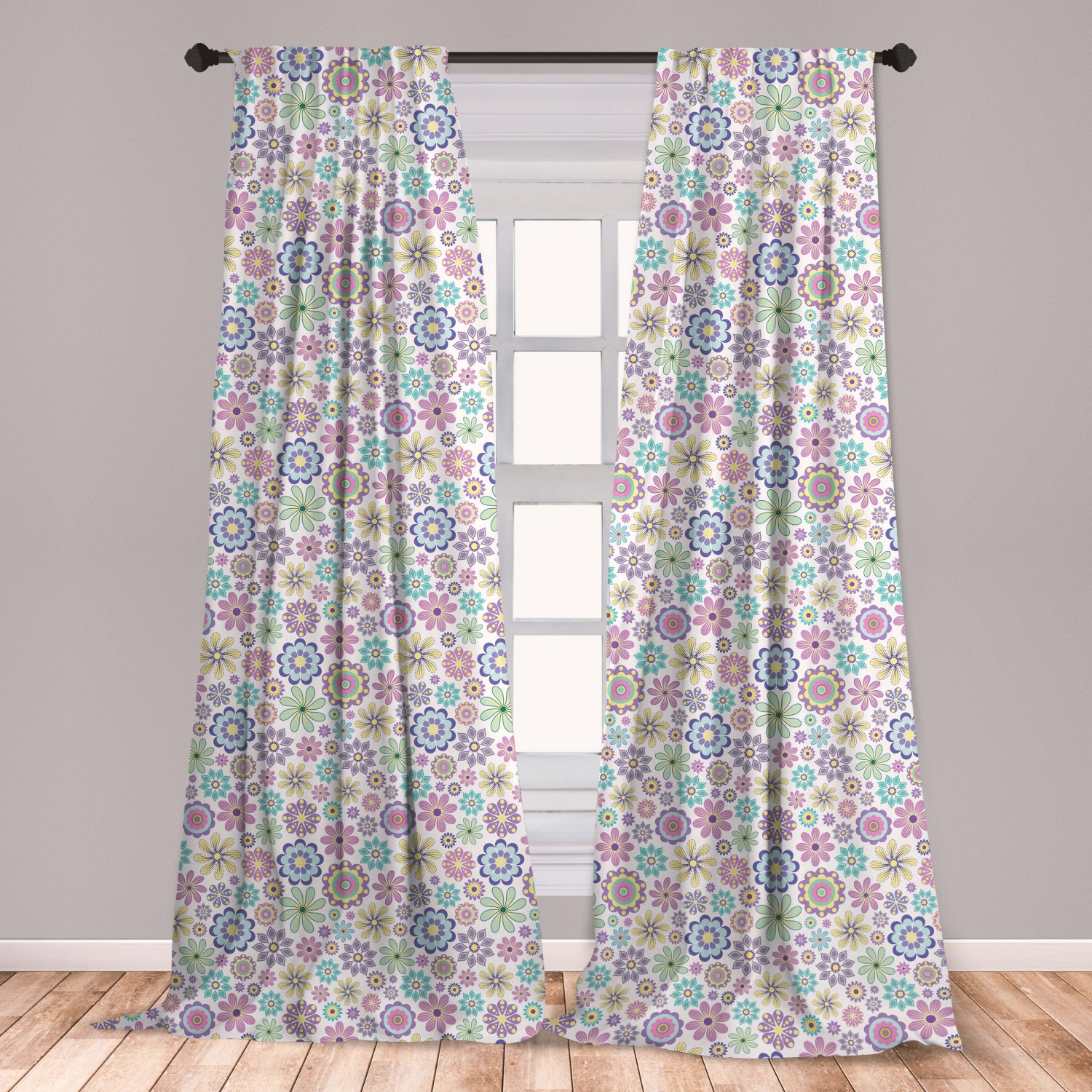 Pastel Curtains 2 Panels Set, Ornate Different Kinds of Flowers Colorful Flourish Vintage Field