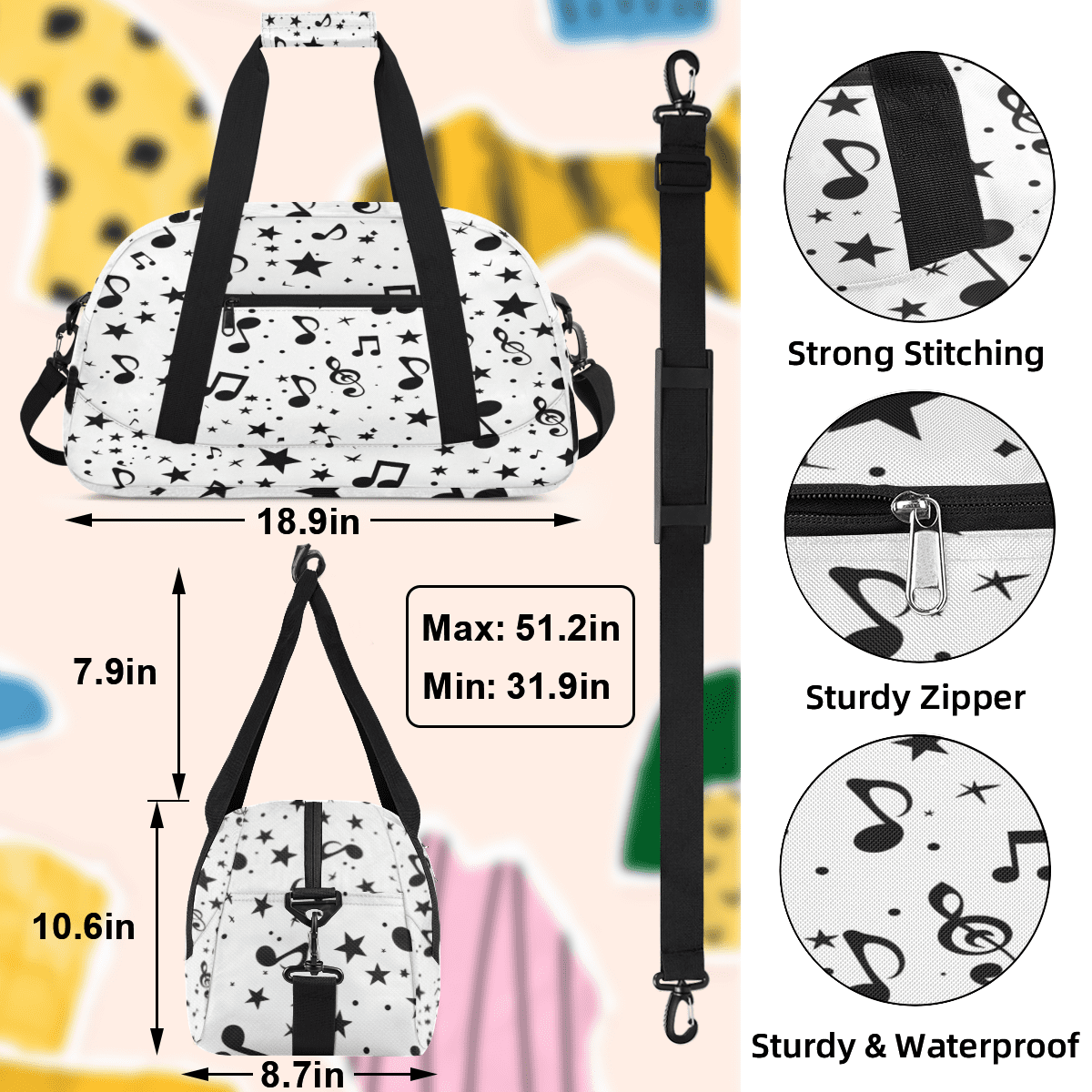 Herdesigns Black and White Music Sports Duffle Bag for Women & Men, Musical Notes Gym Bag Dance Bag Overnight Bag Carry On Weekender Travel Bag