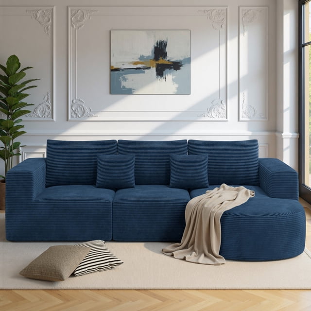 Hawsaiy 104" Modular Sectional Sofa with L-Shape Chaise,Cloud Sectional Modern Sleeper Couch with Deep Seat,Sponge Compression Sofas, No Assembly (Blue Corduroy Fabric)