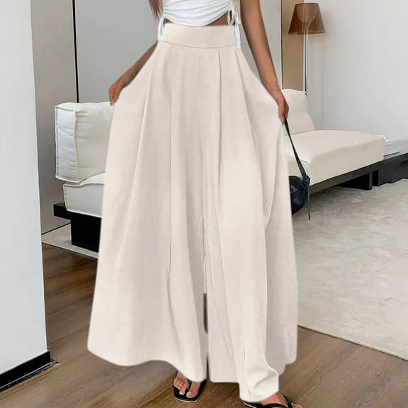 WIZUTIZ Womens Dress Pants Comfy Leisure Baggy Wide Leg Slacks Pants Spandex Elastic High Waist Full Length Pants Solid Flowy Pleated Pants for Teen Girls Activewear Beach Beige