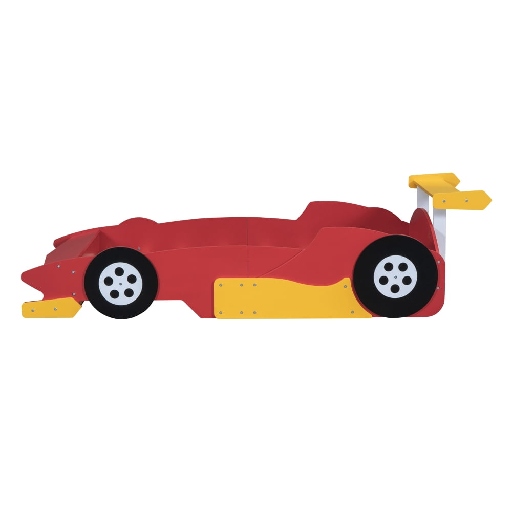 Twin Size Race Car-Shaped Platform Bed with Decorative Wheels, Low-Profile Frame, No Box Spring Needed