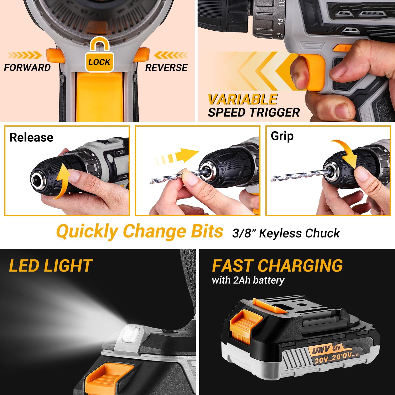 21V Cordless Drill Set, Impact Power Drill With 3/8 Inch Keyless Chuck, 18+3 Clutch Electric Drill With Work Light, Max Torque 45Nm, 2-Variable Speed & 2.0AH Batteries And Fast Charger