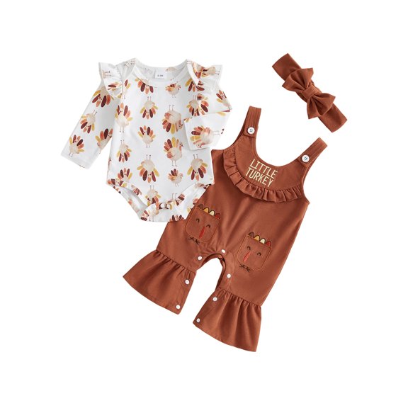Cjfdfy Newborn Baby Girl Thanksgiving Outfit Turkey Print Long Sleeve Romper And Little Turkey Corduroy Overalls Pants Headband Set Infant Cute My First Thanksgiving Fall Winter Clothes 0-18M
