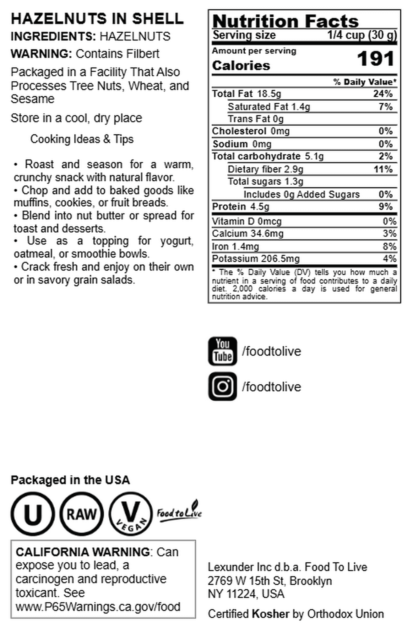 Hazelnuts in Shell, 12 Pounds – Unsalted, Unroasted, Keto, Vegan, Kosher, Bulk Nuts – by Food to Live