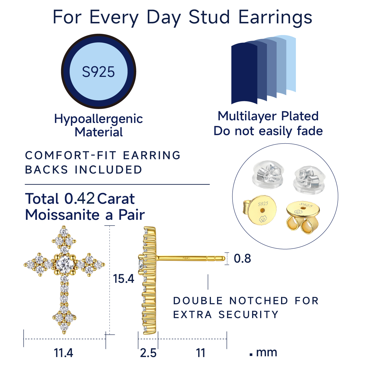 MomentWish Cross Earrings for Men Women 14K Gold Plated Moissanite Stud Earrings Easter Father's Day Jewelry Gift
