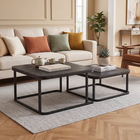 Square Nesting Coffee Table Set of 2 with Faux Marble Top and Metal Frame, Coffee Table Set, Suitable for Living Rooms, Apartments,Black