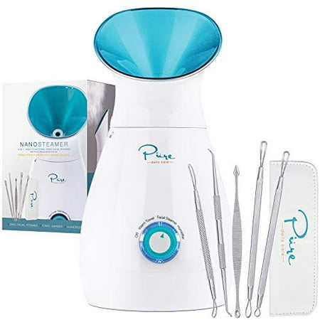 Aromatherapy Facial Steamer NanoSteamer - Large 3-in-1 Nano Ionic Facial Steamer with Precise Temp Control - 30 Min Steam Time - Humidifier - Unclogs Pores - Blackheads - Spa Quality - Bonus 5 Piece Stainless Steel Skin Kit ()
