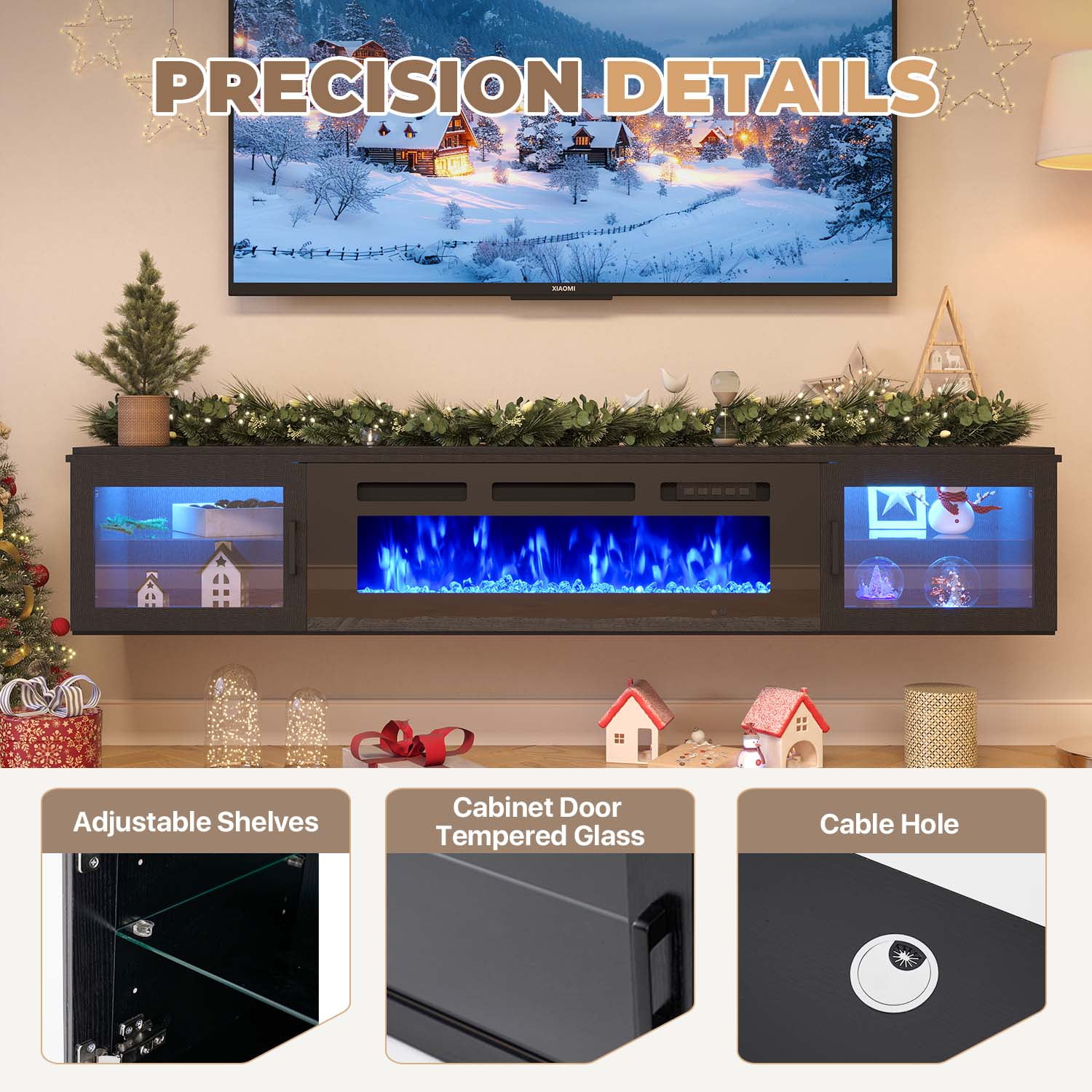 BaPiPro 70" Floating Fireplace TV Stand for TVs up to 80", Wall Mounted Entertainment Center with Media Storage, Console Table with 36" Electric Fireplace, Modern Black
