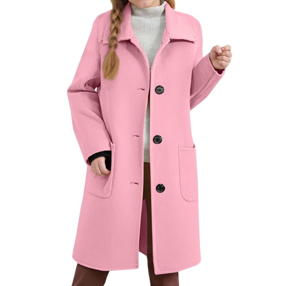 QUOTAY Classic Coat for Girls Long Pure Color Trench Jacket With Lapel Collar Single-Breasted Front and Pockets Timeless Casual Outerwear 01_Pink,4