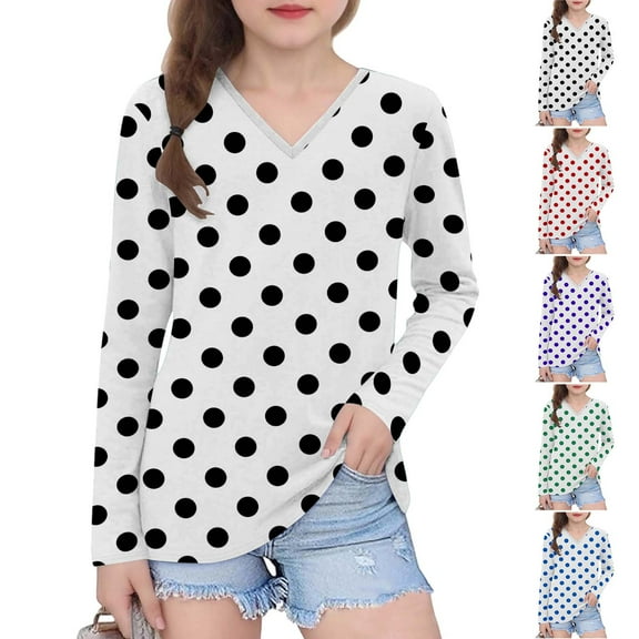 Ashirexll Long Sleeve Shirts Winter Tops for Girls 2-14 Years Polka Dots Fashion Casual V-Neck Long Sleeve Top for Spring and Fall