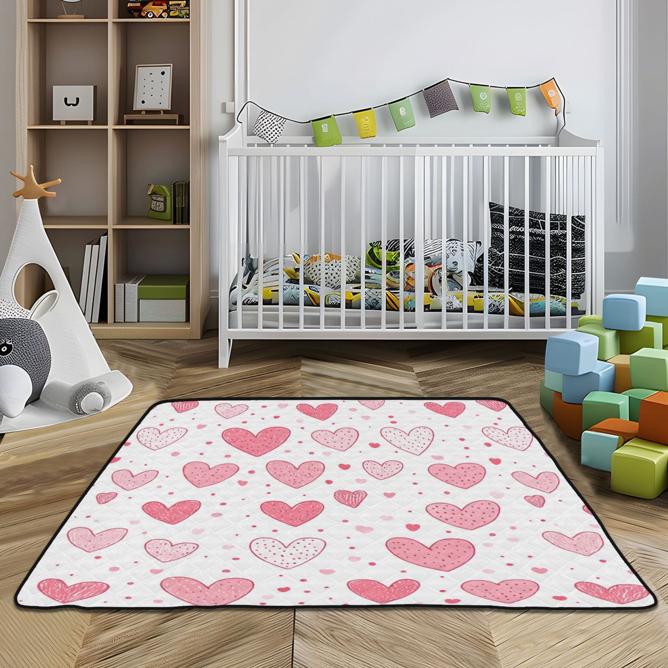 WOBOGO Valentine Day Pink Hearts Pattern Baby Playmats Extra Large Waterproof Rollable Activity Pads for Toddlers 50×50inch