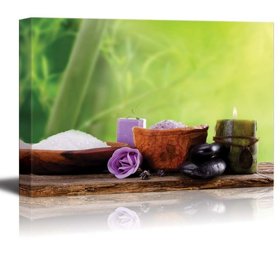 Canvas Prints Wall Art - Spa Treatment Therapy Concept with Bamboo,Bath Salt and Candle | Modern Wall Decor/Home Decoration Stretched Gallery Canvas Wrap Giclee Print & Ready to Hang - 24" x