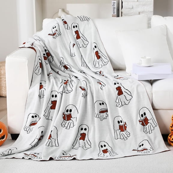 Halloween Ghost Blanket, Soft Reading Throw Blanket with Cute Ghost Design for Home Bedroom Sofa Decor, Cozy Fall Holiday Blanket for Indoor Party Decoration