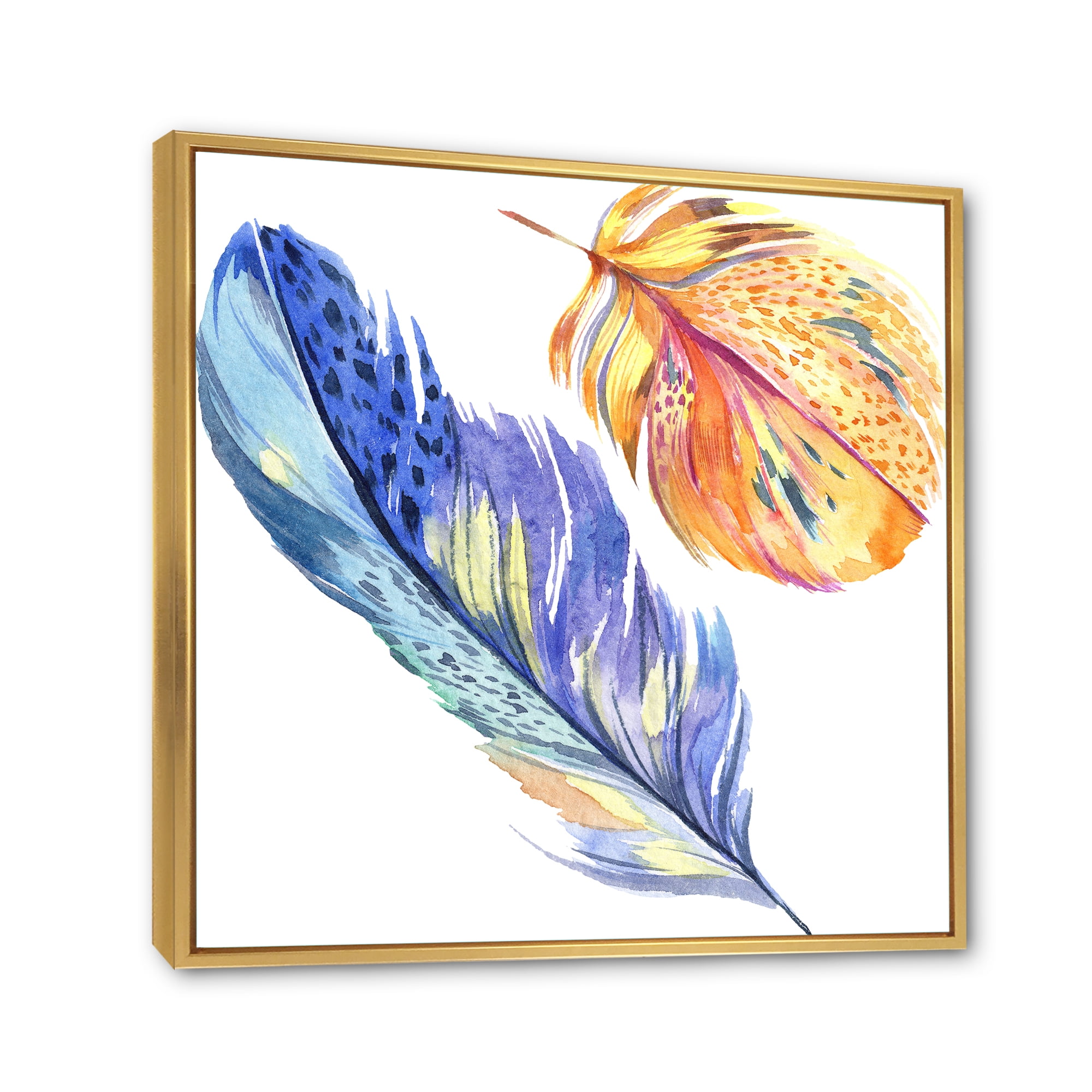 Designart 'Colorful Blue and Golden Bird Feather From Wing' Bohemian & Eclectic Framed Canvas Wall Art Print