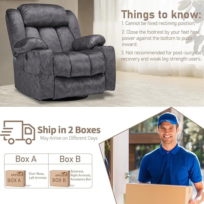 EPICOZY Swivel Rocker Recliner Chair with Heat and Massage, Manual Glider Rocking Reclining Chair, 360° Swivel Overstuffed Lounge Chair with 2 Cup Holders, Side Pockets & USB Ports, Fabric Grey