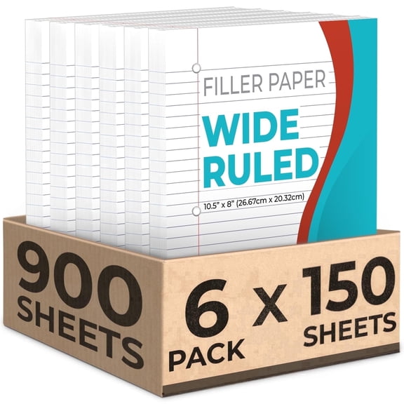 Rosmonde Notebook Paper, 900 Sheets, 6 Pack, Wide Ruled, 8" x 10.5", Bulk Office Filler Paper, 3 Hole Punched, 150 Sheets/Pack, Wide Ruled Lined Paper for 3 Ring Binder, Loose Leaf Paper, White