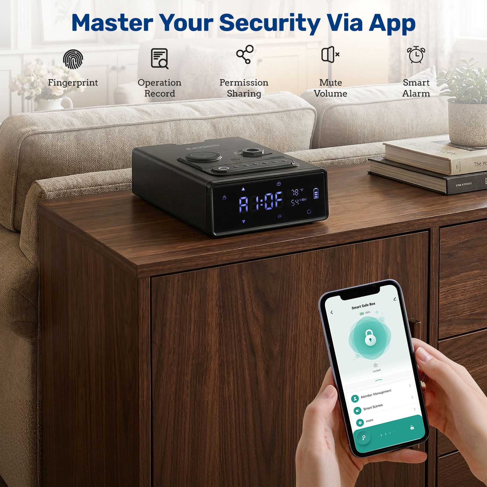 Gun Safe,Blacksmith Pistol Safe with Wireless Fast Charging,4-in-1 Fingerprint/App/Keypad/Keys Quick Access Handgun Safe,Black