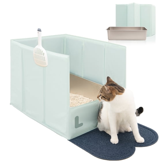 ATBOMA XL Stainless Steel Litter Box with Plastic Folding Large Litter Box Enclosure Splash Guard & Litter Mat, Leak & Water Proof,No Assembly Required Pee Shields, Contain Litter,Dog Proof