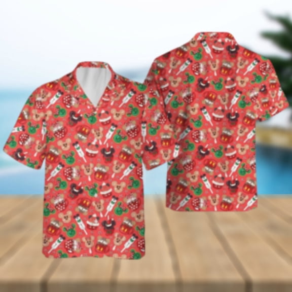 Christmas Disneyland Snacks Hawaiian Shirts Mickey Friends Disneyworld Button Aloha