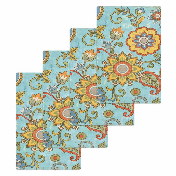 Turquoise Boho Floral Kitchen Dish Towels for Drying Dishes Set of 4, Vintage Abstract Art Ethnic Flowers Waffle Weave Microfiber Hand Tea Bathroom Towels Quick Dry & Absorbent Towel 15.7x23.6