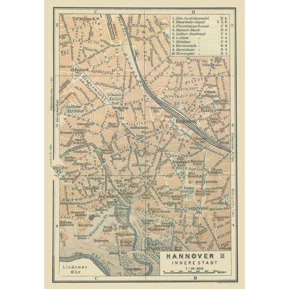 Historic Map - Hannover Germany Inner City - Baedeker 1914 - Vintage Wall Art