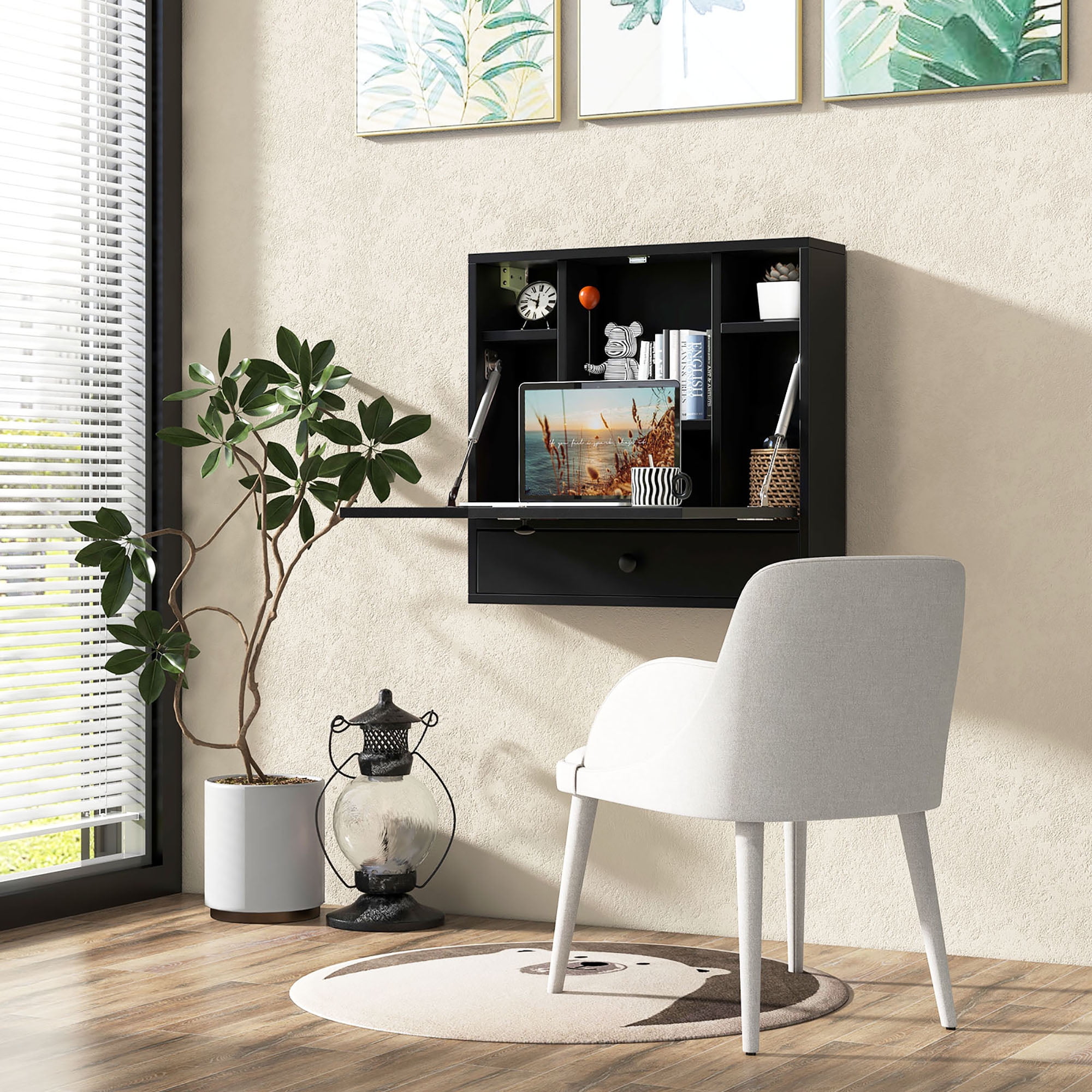 Gymax Wall-mounted Desk Floating Computer Workstation w/ Storage Shelves Home Office Black