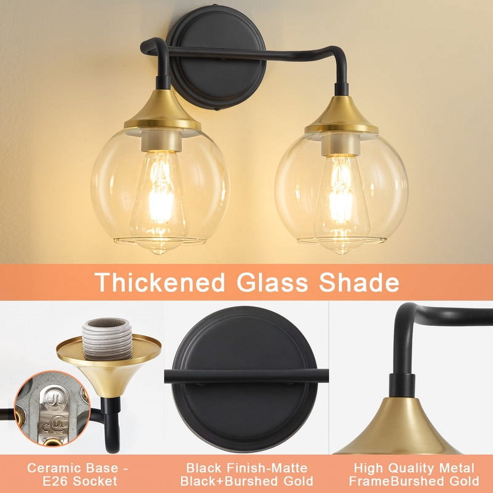 Bathroom Vanity Light with Clear Glass Shade, E26 Base, Bathroom Light Fixtures Over Mirror, Vanity Lights for Bathroom (Exclude E26 Bulb) - Black and Gold, 2-Lights