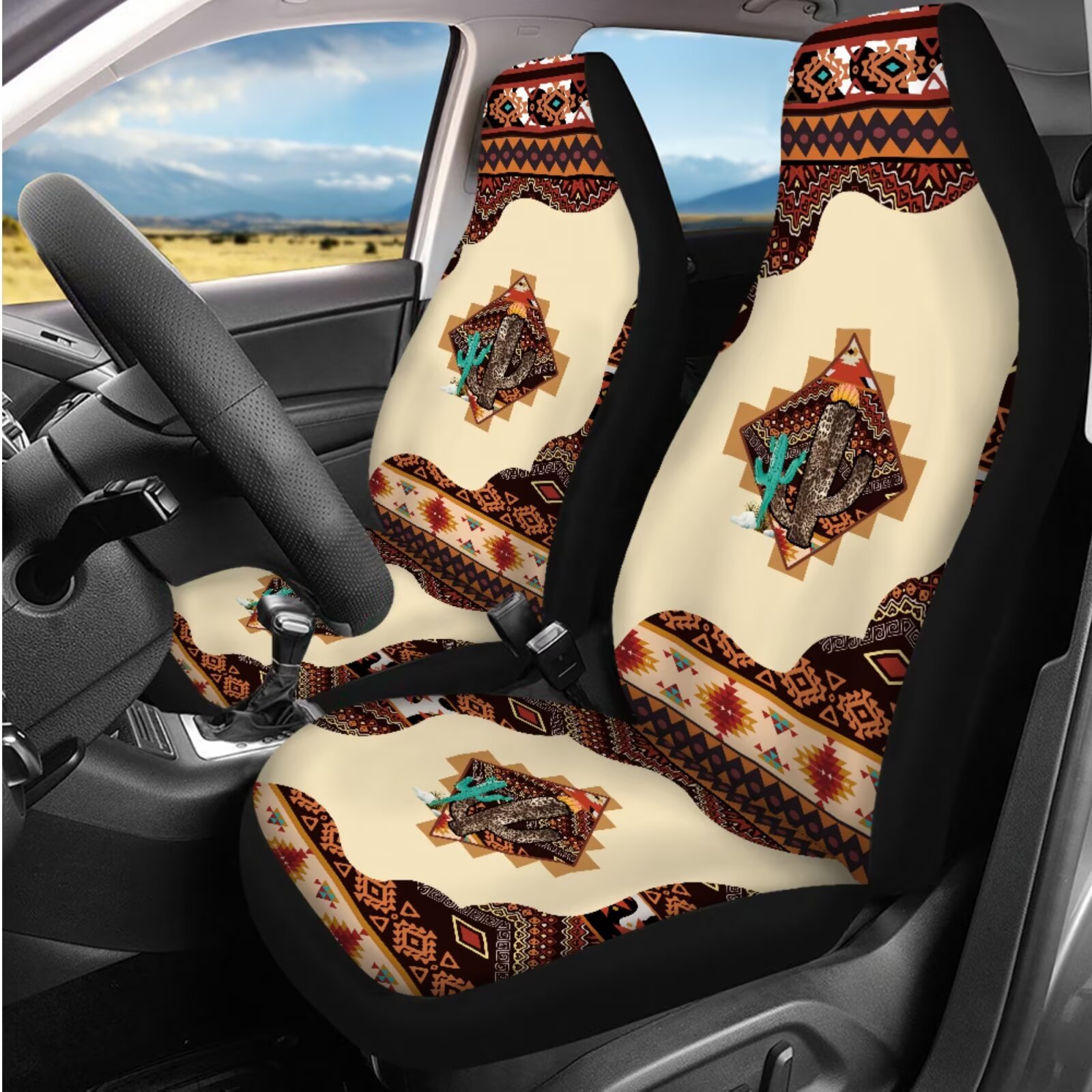 HUIACONG Aztec Car Seat Cover Full Set Brown Native American Tribal Geometric Decor Front and Back Seat Covers with Steering Wheel Cover Armrest Cover Seat Belt Pads Headrest Cover Coasters 14 Pcs