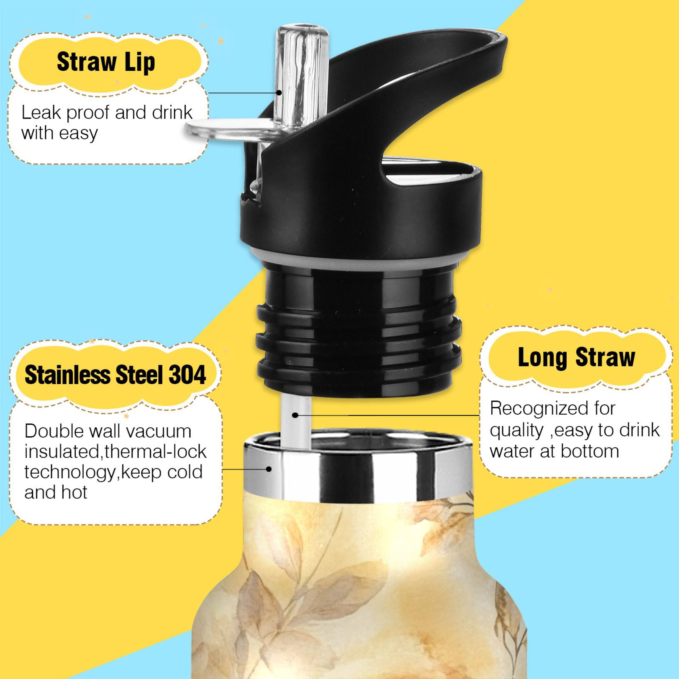 600ML Stainless Steel Insulated Cup Sports Water Bottle Portable Thermos Cup Water Glasses Insulated Tumblers Convenient and Durable Cartoon Yellow Roses Seamless