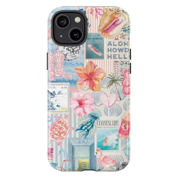 Tropical Beach Girl Collage Phone Case, Fun Vacation Elements in Soft Pastels Phone Cover, Fits iPhone 16 15 14 13 12 11 Pro Max Mini