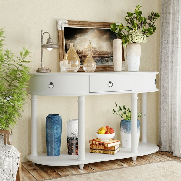 Retro Curved Console Table, Solid Wood Frame and Legs with Single Drawer Half Moon Entry