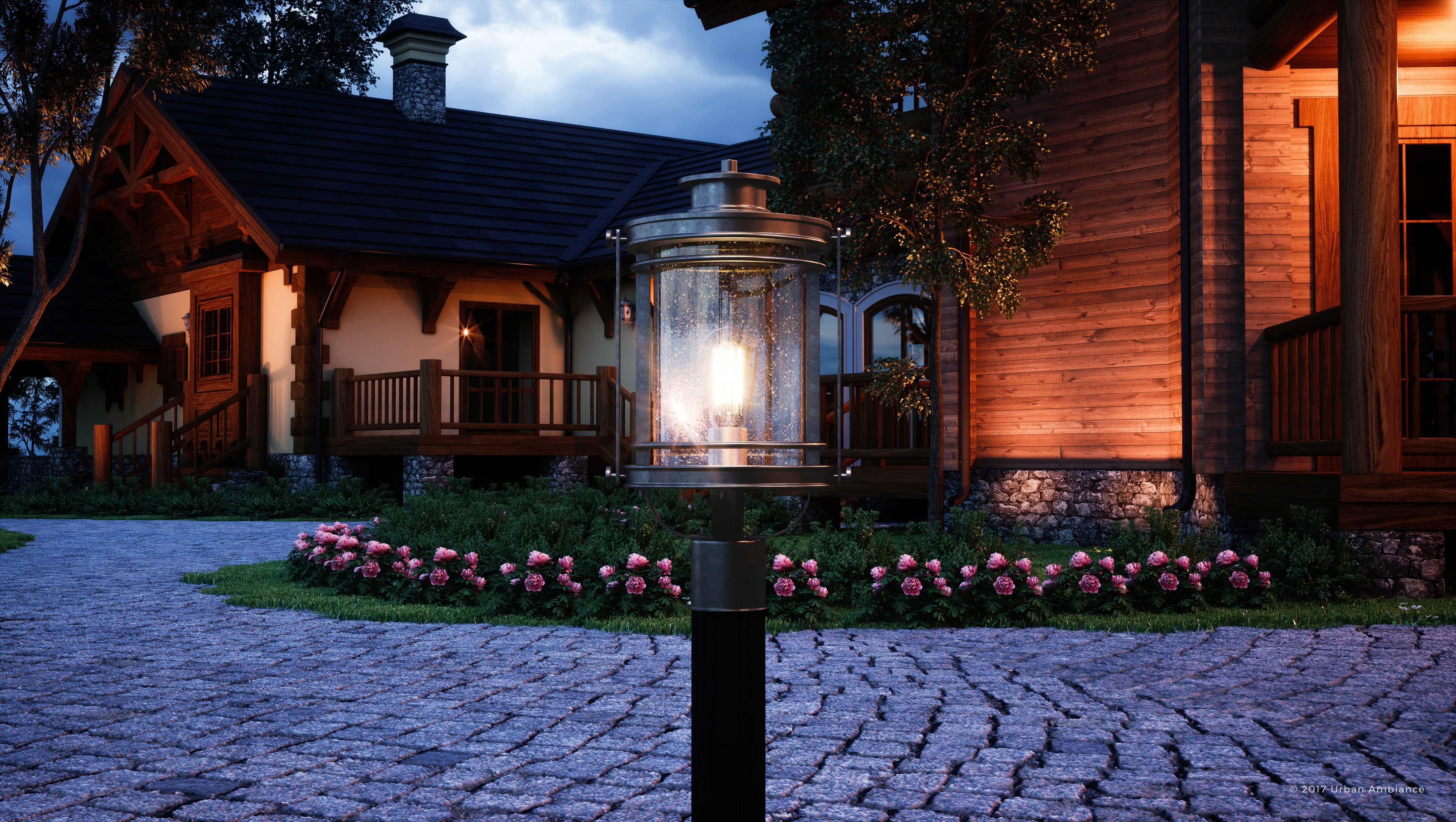 Urban Ambiance Luxury MidCentury Modern Outdoor Post Light, Medium Size: 19.5"H x 10.5"W, with Craftsman Style Elements, High-End Black Silk Finish and Seeded Glass, Includes Edison Bulb, UQL1010