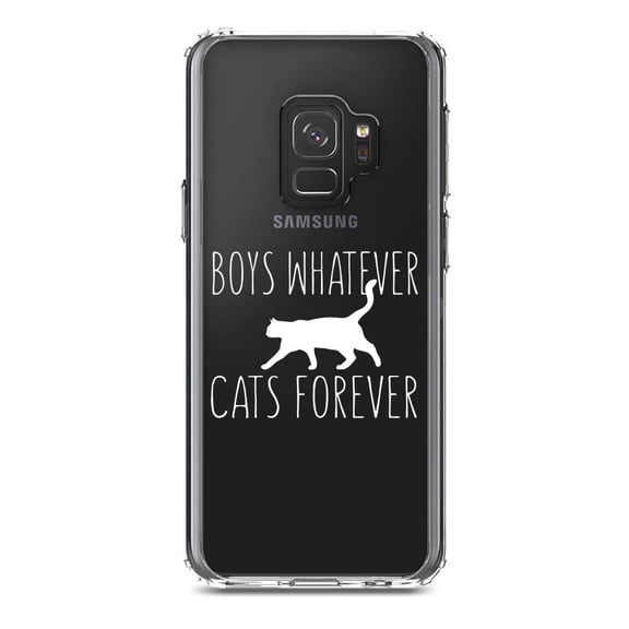 DistinctInk Clear Shockproof Hybrid Case for Samsung Galaxy S9 (5.8" Screen) - TPU Bumper Acrylic Back Tempered Glass Screen Protector - Boys Whatever, Cats Forever