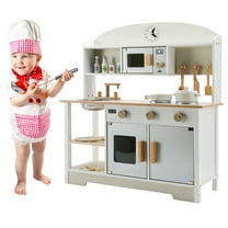 Kids Play Kitchen Set Toy, Wooden Pretend Chef Cooking Play Set with Microwave, Pan, Sink, Cookware Accessories Kitchen Set for Toddlers, Boys, Girls, Gift for Ages 2 