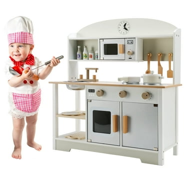 Kids Play Kitchen Set Toy, Wooden Pretend Chef Cooking Play Set with Microwave, Pan, Sink, Cookware Accessories Kitchen Set for Toddlers, Boys, Girls, Gift for Ages 2 