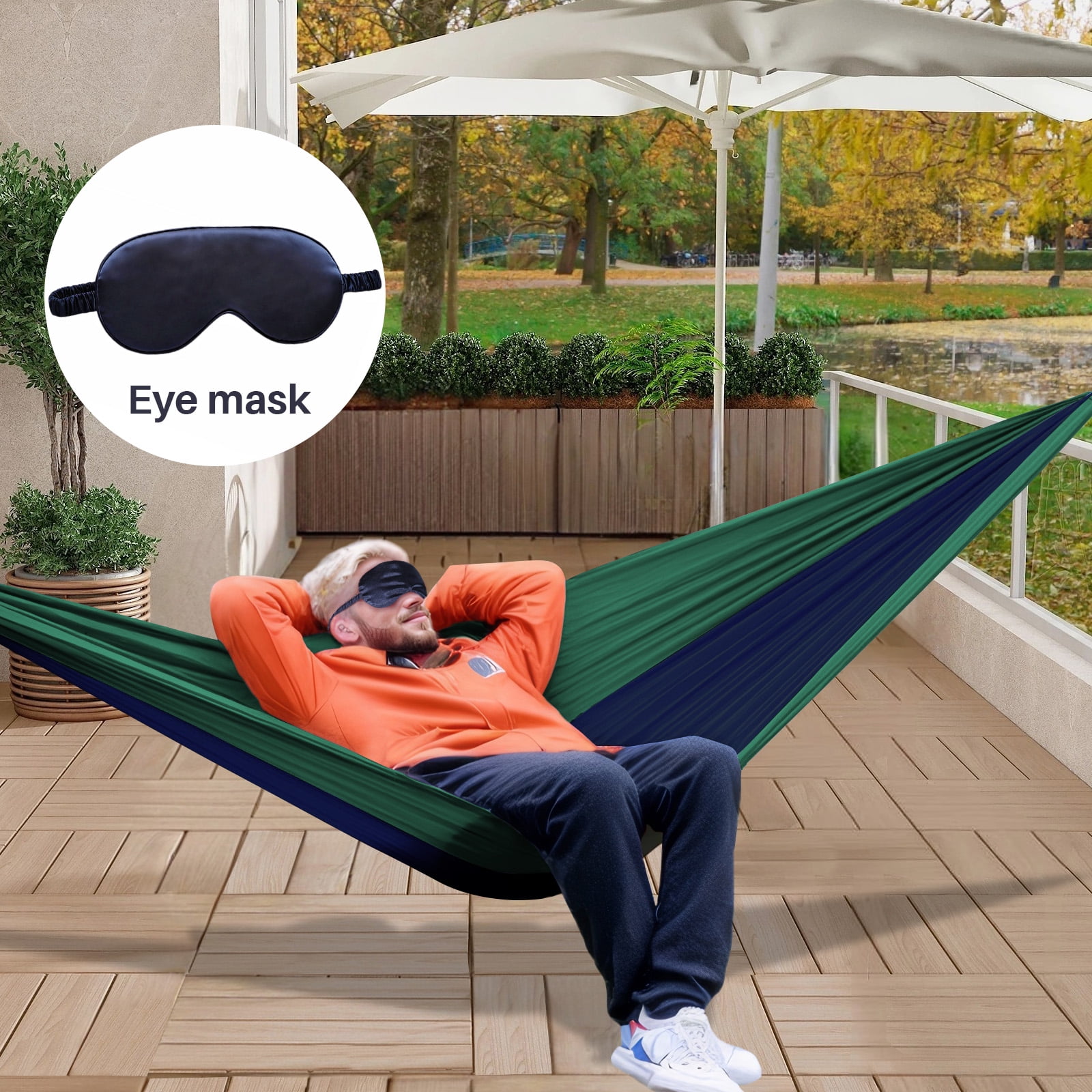 Topchances Camping Hammock, 210T Nylon Lightweight Single Hammock with 2 Tree Straps and Carry Bag, Great for Outdoor, Indoor Beach, Camping, Green & Navy
