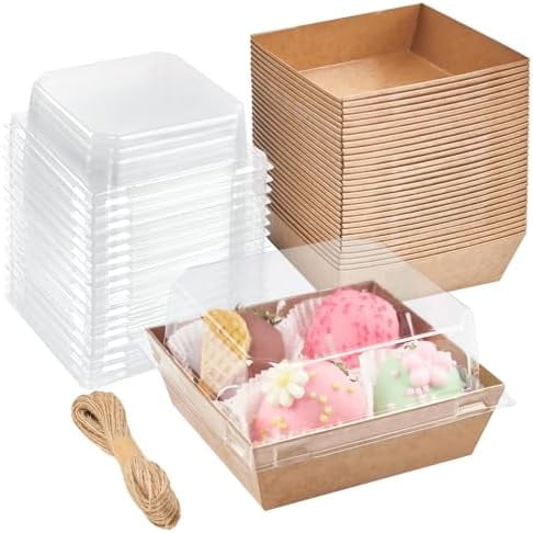 50 Pack Small Paper Charcuterie Boxes with Clear Lids, 4×4 Inch Mini Cake Slice Boxes To Go Bakery Containers for Individual Desserts, Cookies, Strawberries, Treats (Brown)