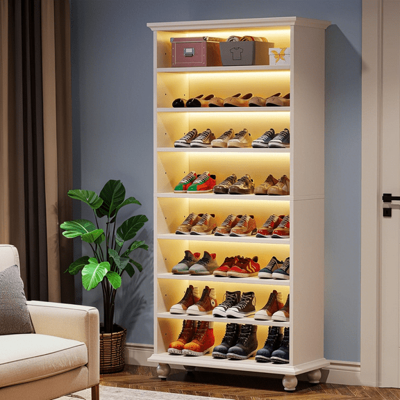 Tribesigns 9-Tier Shoe Storage Cabinet with LED Lighting, 30 Pairs Freestanding Shoes Cabinet, Wood Entryway Shoe Organizer for Closet, White