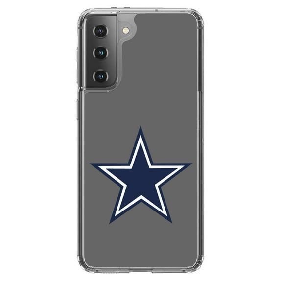 DistinctInk Clear Shockproof Hybrid Case for Galaxy S21 5G (6.2" Screen) - TPU Bumper, Acrylic Back, Tempered Glass Screen Protector - Dallas Star Grey Navy - Football Team