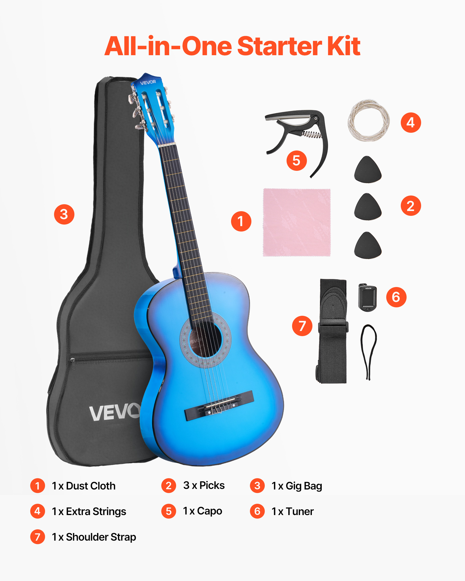 VEVOR 38in Classical Guitar, Wood Guitar Starter Kit for Beginners, with Nylon Strings, Gig Bag, Strap, Tuner, Extra Strings, Picks, Capo, Basswood, for Teenagers Adults Students, Blue