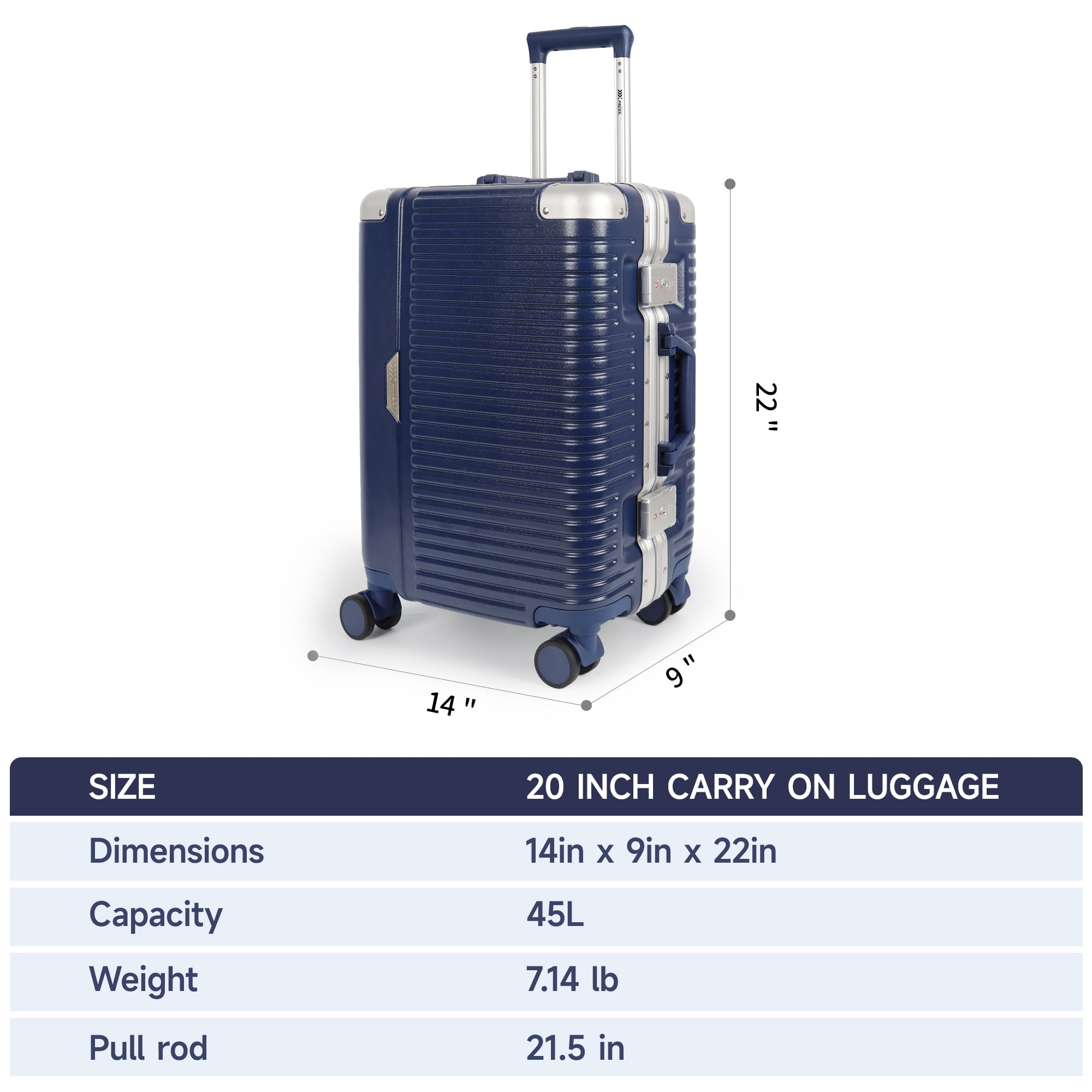 New York Xpress 20" Zipperless Carry-on Luggage Hardside Suitcase with Double TSA Lock & Aluminum Frame, Blue - AL1377