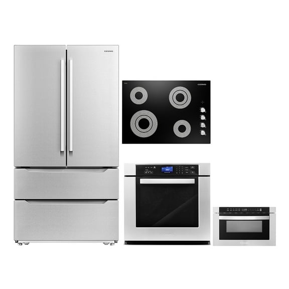 Cosmo 4 Piece Kitchen Appliance Package 30" Electric Cooktop 30" Single Electric Wall Oven 24" Built-In Microwave Drawer & French Door Refrigerator Kitchen Appliance Bundles