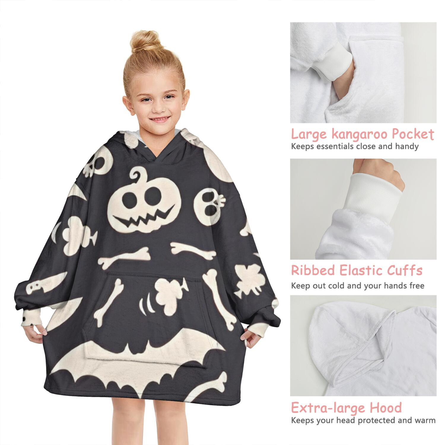 Spooky Halloween Icons Pattern Blanket Hoodies for Kids 6-13YR Oversize Wearable Blanket Hoodies for Boys Girls Teens