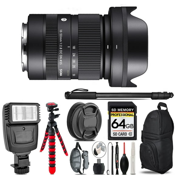 Sigma 18-50mm f/2.8 DC DN Contemporary Lens for Sony E - Video Kit    Flash - 64GB Accessory Bundle (International Version)