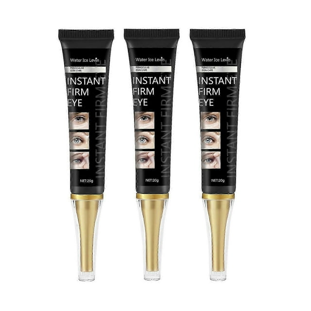 instant eye tightener, instant firm eye tightener, temporary eye tightener, firming eye cream, anti-aging & wrinkle cream for eye area Tres tubos frontales negros con aplicador dorado y tapa transparente, etiqueta 'INSTANT FIRM EYE' y mini imágenes de ojos; envase tipo tubo de 20 g, textura ligera y de rápida absorción según especificaciones, diseñado para hidratación, firmeza y reducción temporal de arrugas, bolsas y ojeras en el contorno de ojos; a menudo usado para llevar en viajes.