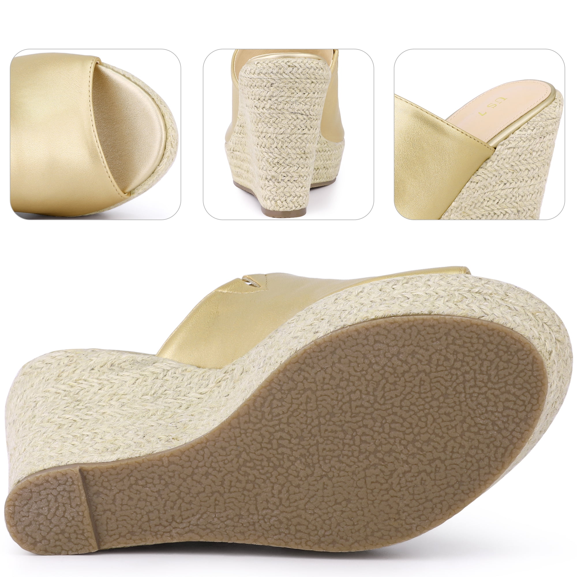 DARING DIVA Women's Open Toe Espadrille Wedge Heel Platform Slide Sandal Gold 9