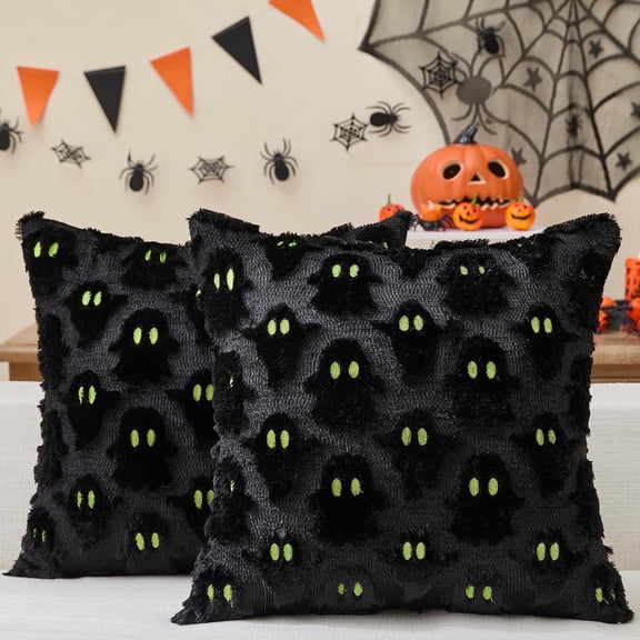 Halloween Ghost Throw Pillow Covers 18x18 Inches, Pack of 2, Black Fuzzy Cute Ghost Decorative Pillowcases, Glow in the Dark/Neon Green Eyes Spooky Cushion Cases for Sofa Couch Bed Home Decor